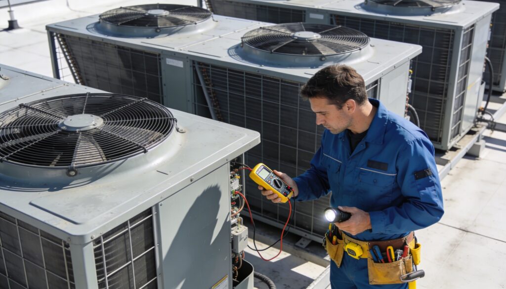 Technician inspecting HVAC rooftop units with tools.