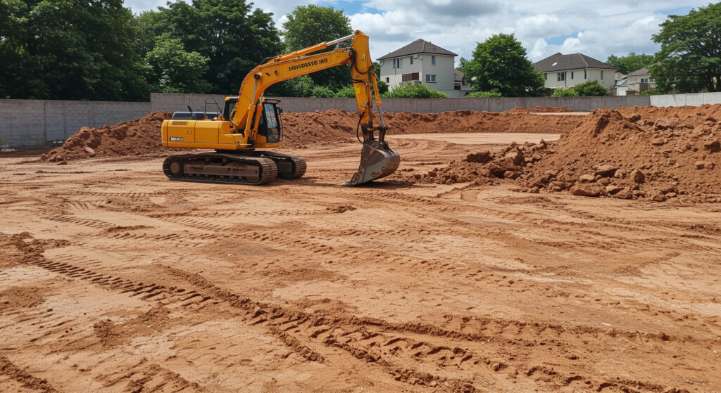 Excavator at construction site with dirt piles.