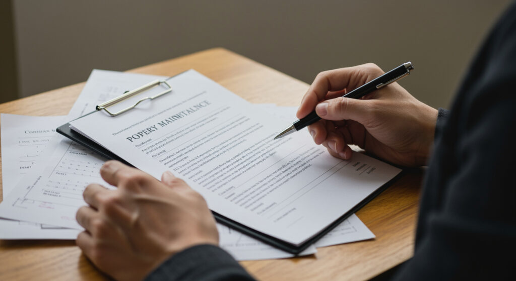 Person reviewing property maintenance contract forms.